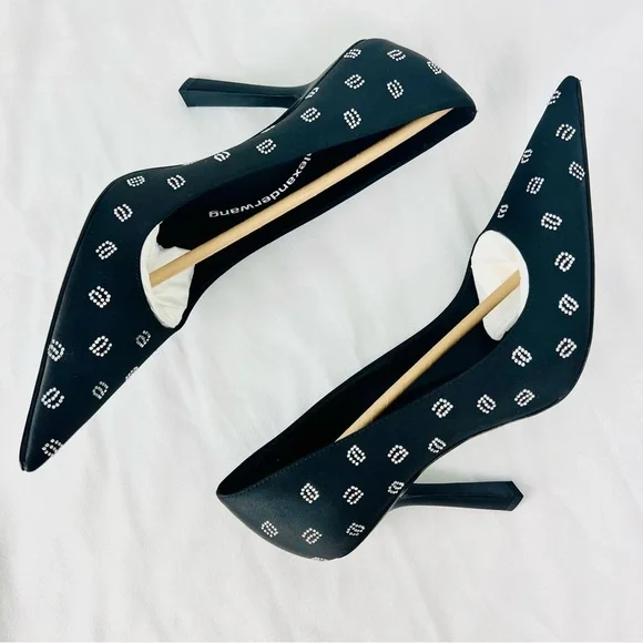 Alexander Wang Delphine Black Satin Crystal Logo Stiletto Pumps Heels 4” 39.5 - Picture 9 of 16